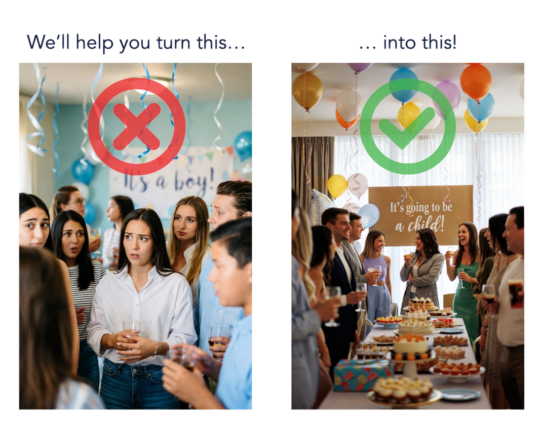 Baby showers with guests reacting to difference signage